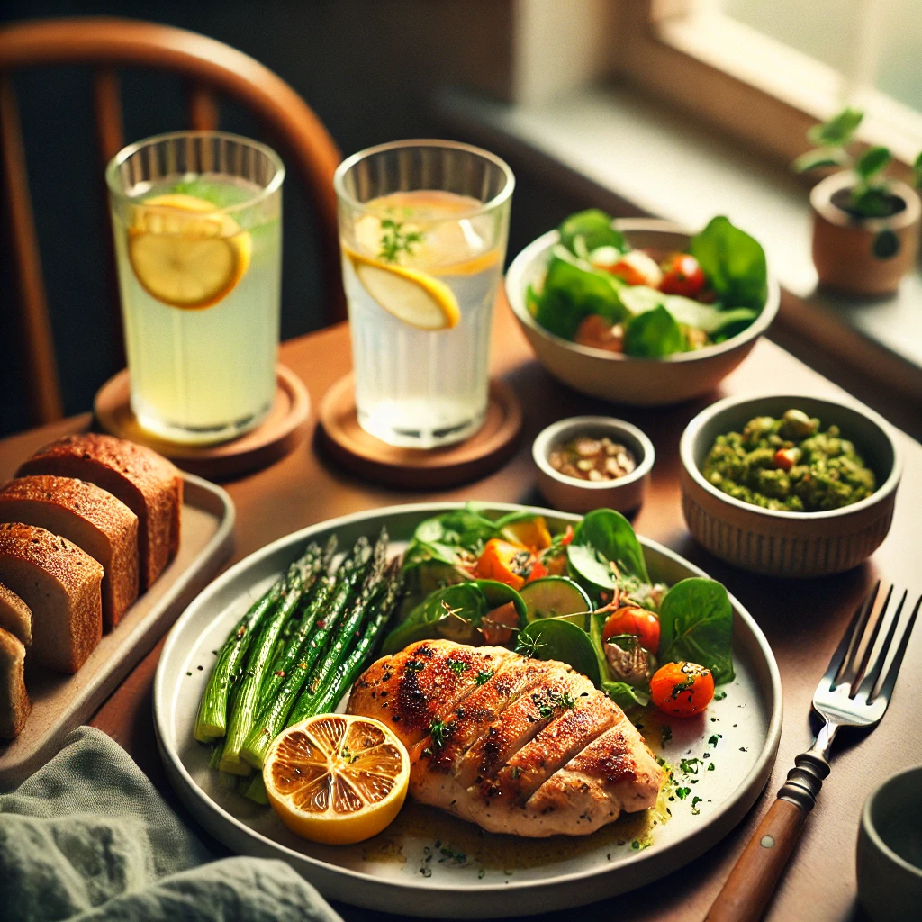 DALL·E 2024-09-18 22.11.55 – A simple yet delicious meal on a dining table. The setting includes a plate of grilled chicken with a side of roasted vegetables, a small bowl of fres